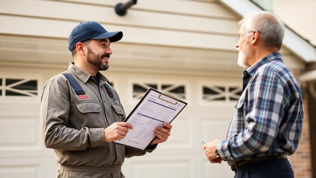 Garage door technician discussing repair costs with homeowner