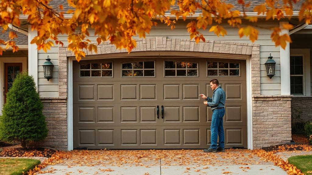 Homeowner checking garage door weatherstripping during autumn season