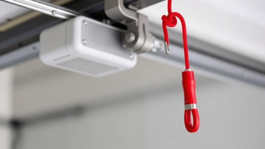 Garage door manual release red emergency cord hanging from opener rail